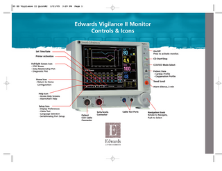 05 ED Vigilance II QuickR2  2/21/05  3:29 PM  Page 1  Edwards Vigilance II Monitor Controls & Icons  On/Off Press to activate monitor.  Set Time/Date Printer Activation  CO Start/Stop Full/Split Screen Icon - STAT Boxes - Data Relationship Plot - Diagnostic Plot  CCO/ICO Mode Select Patient Data - Cardiac Profile - Oxygenation Profile  Home Icon - Return to Home Configuration  Trend Scroll Alarm Silence, 2 min  Help Icon - Access Help Screens - Alarm/Alert Help Setup Icon - Display Preferences - Cable Test - Language Selection - Serial/Analog Port Setup  Patient CCO Cable Connector  SvO2/ScvO2 Connector  Cable Test Ports  Navigation Knob Rotate to Navigate, Push to Select  