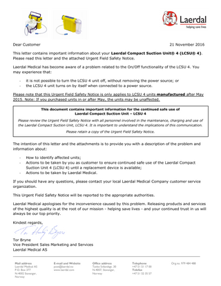 Laerdal Compact Suction Unit 4 (LCSU 4) Urgent Field Safety Notice Nov 2016