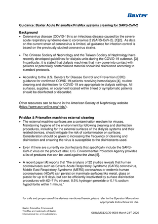 PrisMax, Prismaflex and TherMax Cleaning for SARS-CoV-2 Guide March 2020