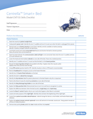 Centrella Smart + Bed Model CNT155 Skills Checklist Rev 1 Aug 2017