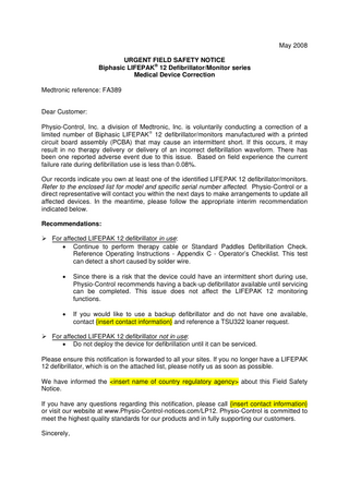 Biphasic LIFEPAK 12 Urgent Field Safety Notice May 2008