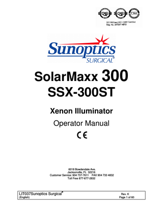 SSX-300ST Xenon Illuminator Operator Manual Rev K