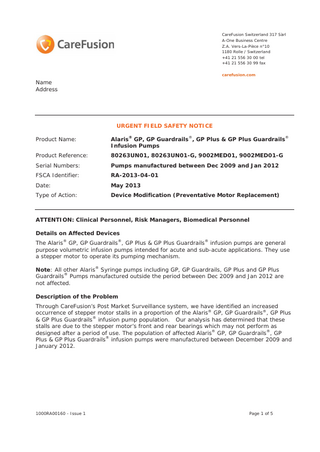 Alaris GP series Urgent Field Safety Notice May 2013