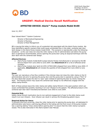 Model 8100 Urgent Medical Device Recall Notification June 2017