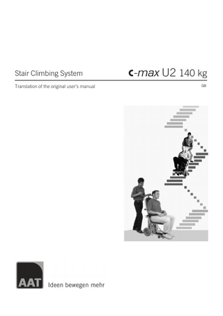 C-max U2 140 kg Table of contents CE Declaration of conformity... Table of contents...  2 3  1  General information... 1.1 How to use this user's manual... 1.2 Instruction... 1.3 Care and maintenance... 1.4 Warranty and liability...  5 5 5 5 5  2  Description of the product... 2.1 Adequate use... 2.2 Features of the C-max... 2.3 Technical data... 2.4 Dimensioned sketch... 2.5 Standard scope of delivery... 2.6 Optional accessories...  6 6 7 8 9 10 10  3  Folding and unfolding... 3.1 Unfolding... 3.2 Adjustment of arm rests sideways... 3.3 Adjust the handles... 3.4 Folding... 3.5 Functional check...  11 11 12 12 13 14  4  Safety instructions... 4.1 Special information concerning the operation... 4.2 Instruction... 4.3 Safety brakes... 4.4 Lining of the climbing foot... 4.5 Lifting capacity... 4.6 Care and maintenance... 4.7 Condition of paths, walkways etc... 4.8 Charge of the batteries... 4.9 Climbing mechanism... 4.10 Transport...  15 15 16 16 16 16 16 16 16 17 17  5  Operation... 5.1 Maximum lifting capacity... 5.2 Control light... 5.3 Helix cable connector... 5.4 Battery pack... 5.5 Safety brakes... 5.6 Lining of the climbing foot...  18 18 18 18 18 18 18  6  Instructions for operation... 6.1 Control unit... 6.2 Single step control... 6.3 Climbers... 6.4 Safety brakes... 6.5 Transportation of a person with the C-max... 6.6 Operation on level ground... 6.7 Adjust the handles... 6.8 Tilting the stair climbing system... 6.9 Operation on slopes... 6.10 Climbing upstairs... 6.11 Climbing downstairs... 6.12 Laying the C-max on the stairs... 6.13 Transport... 6.14 Trouble shooting...  19 19 20 21 21 22 23 23 24 24 25 28 30 31 31  3  