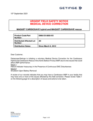 MAQUET CARDIOSAVE Urgent Field Safety Notice Helium and battery issues Sept 2021