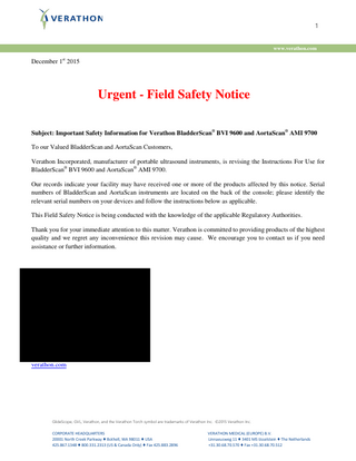 BVI 9600 and AortaScan AMI 9700 Urgent Field Safety Notice Dec 2015