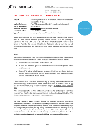 Brainlab iPlan RT Dose System Field Safety Notice -PTV points issue June 2015