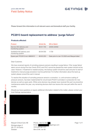 SERViNO System Field Safety Notice July 2020