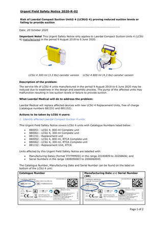 Laerdal Suction Units ( LSU) Urgent Field Safety Notice Oct 2020