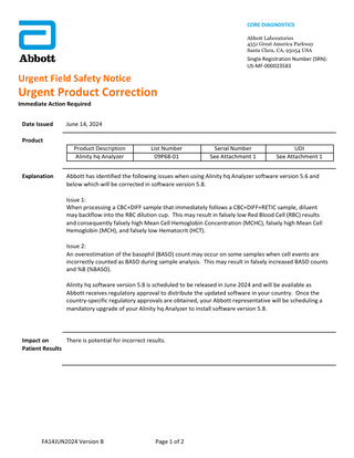 Alinity hq Analyzer Urgent Field Safety Notice 