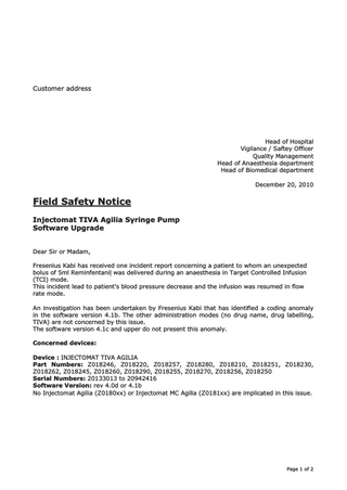 Injectomat TIVA Agilia Safety Notification Dec 2008