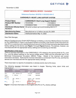 CARDIOHELP-i Heart Lung Support System Urgent Medical Device Correction