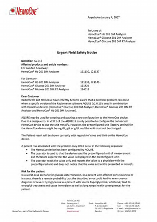 HemoCue Hb 201 DM and Glucose 201 DM Urgent Field Safety Notice Jan 2017