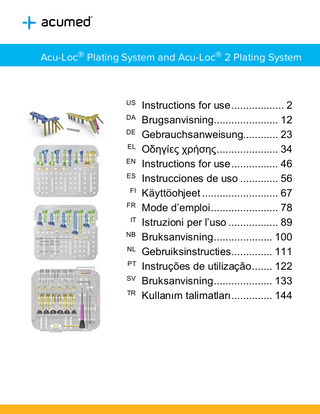 Acu-Loc® Plating System and Acu-Loc® 2 Plating System  Instructions for use ... 2 DA Brugsanvisning... 12 DE Gebrauchsanweisung... 23 EL Οδηγίες χρήσης ... 34 EN Instructions for use ... 46 ES Instrucciones de uso ... 56 FI Käyttöohjeet ... 67 FR Mode d’emploi ... 78 IT Istruzioni per l’uso ... 89 NB Bruksanvisning ... 100 NL Gebruiksinstructies... 111 PT Instruções de utilização ... 122 SV Bruksanvisning ... 133 TR Kullanım talimatları ... 144 US  