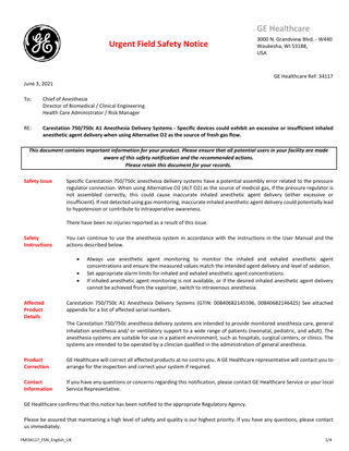 Carestation 750-750c Urgent Field Safety Notice June 2021