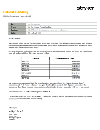 Medi-Therm Discontinuation Service and Obsolescence Notification