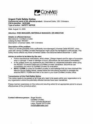 Universal Cable MC5057 Urgent Field Safety Notice Aug 2009 