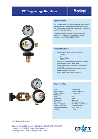 CE Medical Single-stage Regulator Data Sheet Issue B Rev 1