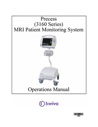 TABLE OF CONTENTS Paragraph Number Page Number Equipment Classification ... i Precautions... ii User Responsibility... xvi User Responsibility Precess MRI Patient Monitoring Accessories... xvii Part Number Precess MRI Patient Monitoring Accessories ... xviii 1.0 1.1  1.2 1.3  1.4 1.5 1.6 1.7 2.0 2.1 2.2 2.3  2.4 2.5 2.6 2.7 2.8 3.0 3.1  INTRODUCTION. ... 1-1 Product Description ... 1-1 1.1.1 System Parameters ... 1-2 1.1.2 User Interface... 1-3 1.1.3 Versatility... 1-3 Wireless Processor Unit (WPU) ... 1-3 1.2.1 Operating Environment... 1-3 1.2.2 Power Supply ... 1-3 Patient Connections ... 1-3 1.3.1 NIBP and Agent Monitoring... 1-3 1.3.2 Invasive Pressure Monitoring ... 1-3 1.3.3 Temperature Monitoring... 1-3 ECG Monitoring ... 1-3 SpO2 Monitoring ... 1-4 Display Control Unit (DCU)... 1-4 1.6.1 DCU Controls ... 1-4 1.6.2 DCU Display... 1-10 Cleaning. ... 1-18 1.7.1 Cleaning Accessories ... 1-18 INSTALLATION... 2-1 Unpacking The System. ... 2-1 System Configuration. ... 2-1 Battery Installation and Removal. ... 2-1 2.3.1 Battery Locations ... 2-1 2.3.2 WPU And DCU Battery Installation And Removal ... 2-2 2.3.3 WECG And WSpO2 Battery Installation And Removal... 2-3 Battery Charging... 2-5 2.4.1 WPU And DCU Battery Charging... 2-5 2.4.2 WECG/WSpO2 Battery Charging ... 2-5 Battery Operation... 2-10 System Setup... 2-10 2.6.1 WPU and DCU ... 2-10 System Location ... 2-13 Before Connecting To A Patient... 2-13 PATIENT PARAMETERS... 3-1 ECG Monitoring ... 3-1 3.1.1 Wireless ECG Module and ECG Patient Lead Wires... 3-1 3.1.2 ECG Electrode - Use only Invivo Quadtrode MRI ECG Electrodes... 3-2 3.1.3 Associated Waveforms and Displays ... 3-4 3.1.4 The ECG Menu ... 3-4  