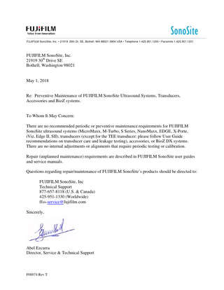 FUJIFILM SonoSite Ultrasound Systems and Transducers Preventative Maintenance Statement Rev T