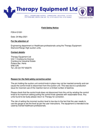 Therapy Equipment Diamond Range High suction Units Field Safety Notice May 2021