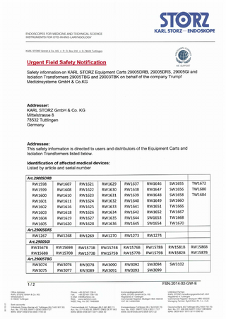 Equipment Carts varoius models listed Urgent Field Safety Notification Feb 2014