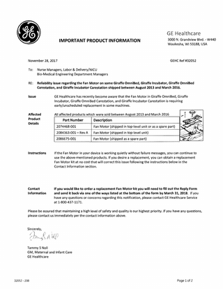 GE Giraffe series Important Product Information Nov 2017