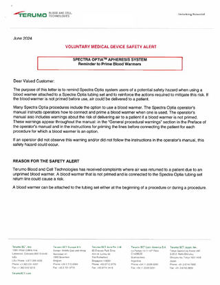 SPECTRA OPTIA System Voluntary Device Safety Alert