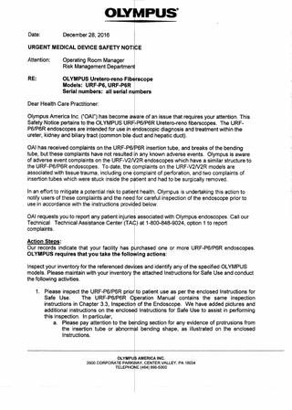 Uretero-reno Fiberscope URF-P6 and P6R Urgent Medical Device Safety Notice Dec 2016