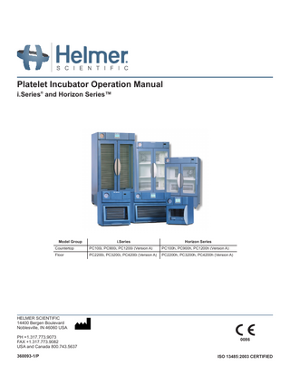 i.Series and Horizon Series Platelet Incubator various models Operation Manual Rev P May 2014