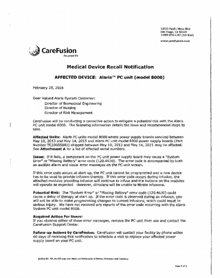 Model 8000 Medical Device Recall Notification Feb 2016