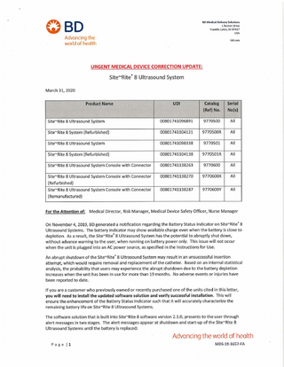 BARD Site-Rite 8 Urgent Medical Device Correction Update March 2020