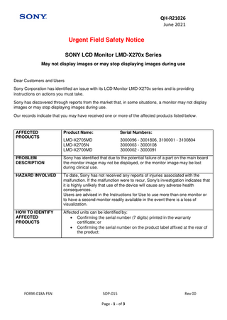 LMD-X270x Series Monitors Urgent Field Safety Notice June 2021