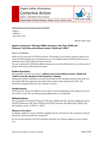 Pentacam HR , AXL and AXL Wave Urgent Safety Information Software error July 2022