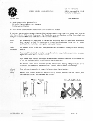 GE Infant Warming Systems Models 3000 to 5000 IWS Urgent Medical Device Correction Aug 2015