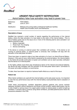 Astral Urgent Field Safety Notification June 2017