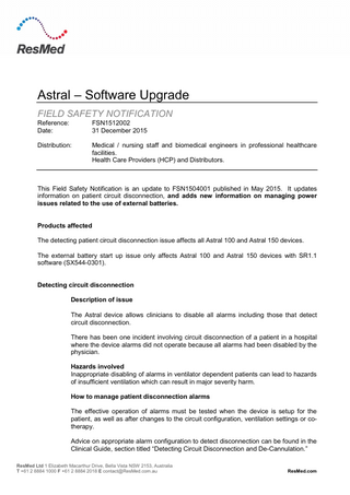 Astral series Field Safety Notification Dec 2015