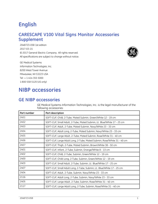 CARESCAPE V100 Accessories Supplement March 2017