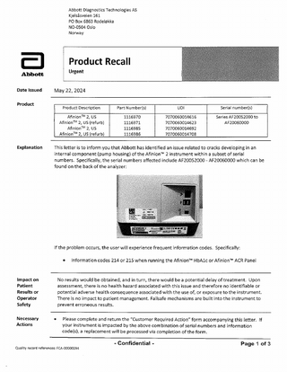 Afinion 2 Urgent Product Recall