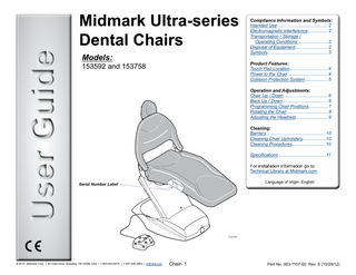 Ultra-series Dental Chairs Model 153592 and 153758 User Guide Rev S Oct 2012